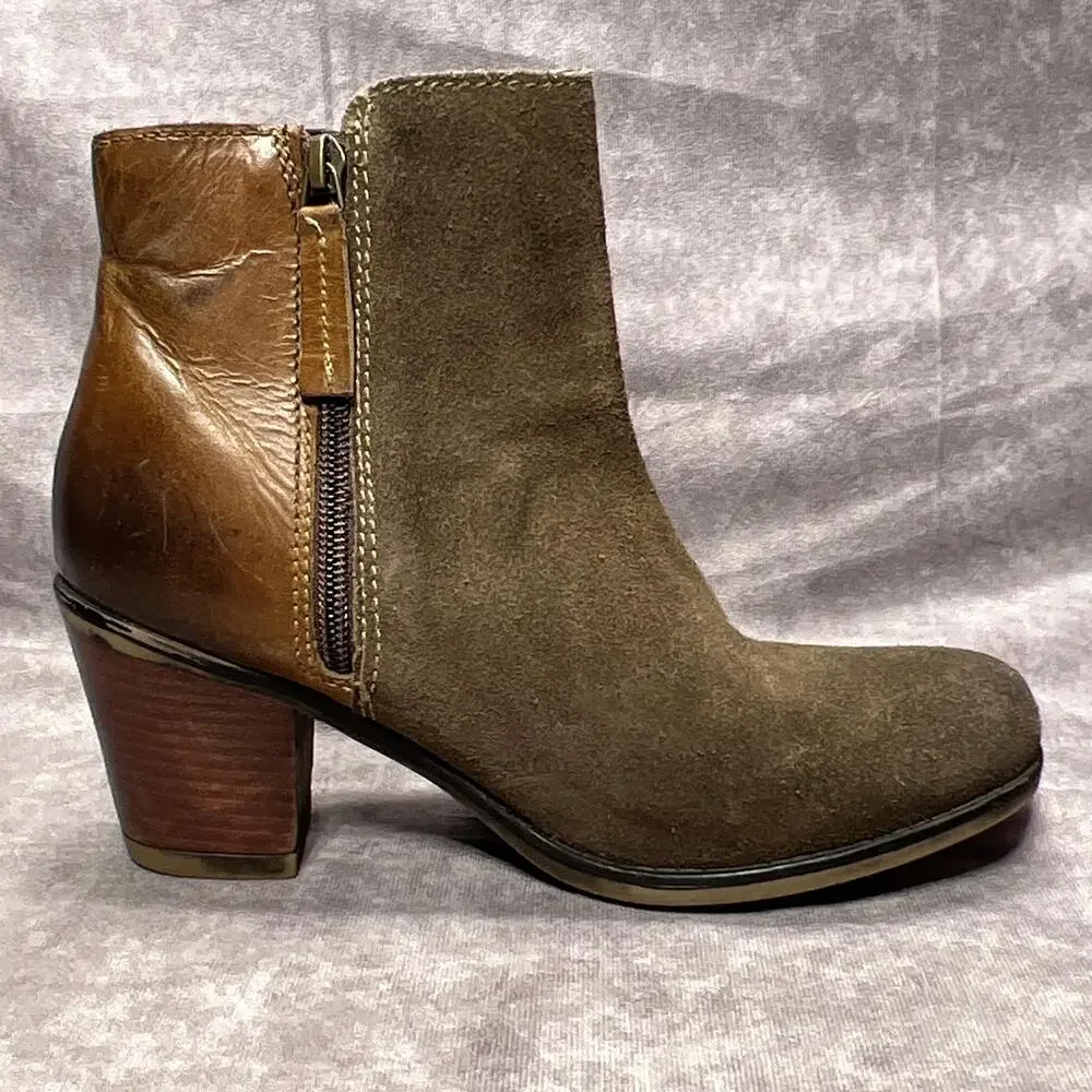 Roan Lina Boots Womens 7.5 Brown Leather Ankle Side Zip Block Heel Casual